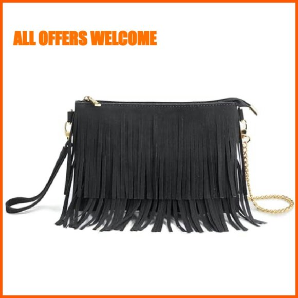Fringe Crossbody Bag with Wristlet, Top Zip, Synthetic Faux Suede - Picture 2 of 8
